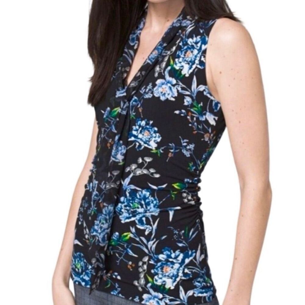 White House Black Market Black & Blue Floral Print Tie Neck Women’s Size Large